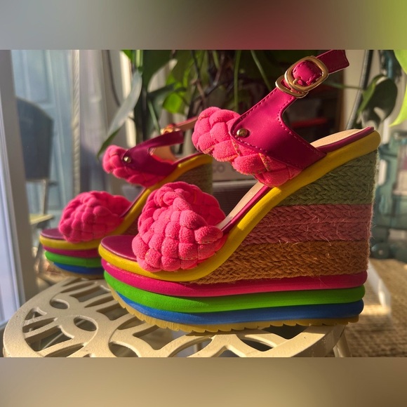 Colorful wedge opentoe sandals, size 5.5 NWOB, braided fish mouth platform heels - Picture 1 of 8